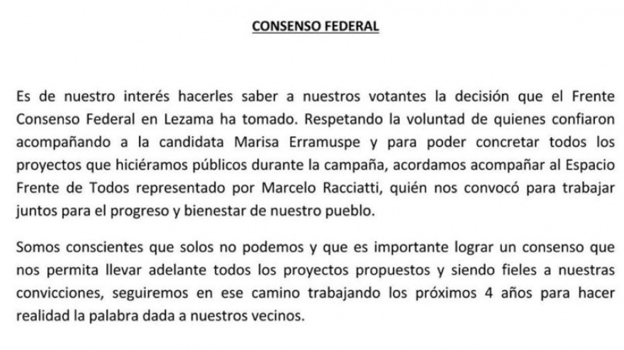 Lezama: Racciatti consigue el apoyo de Consenso Federal y complica el armado de JxC