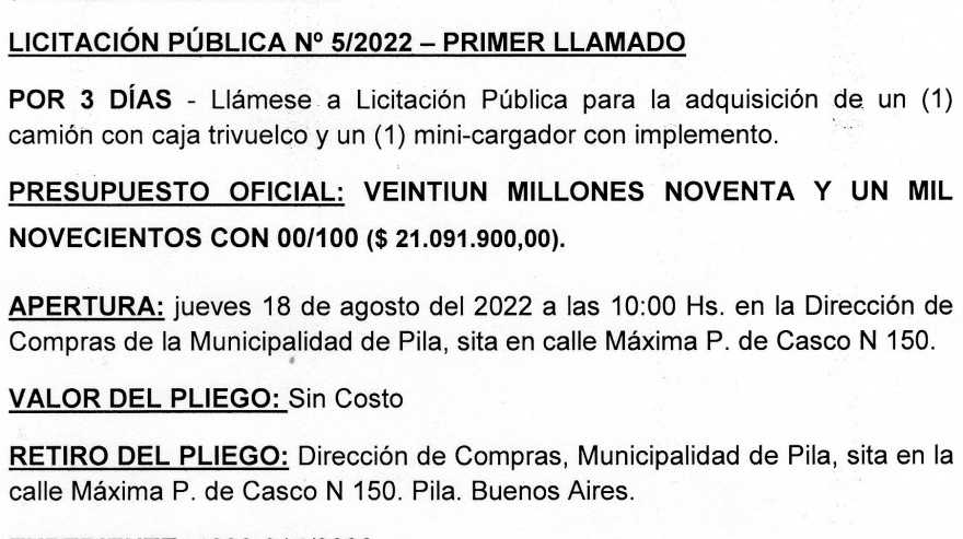 Pila: llamado a licitación para la adquisición de un camión y un mini-cargador